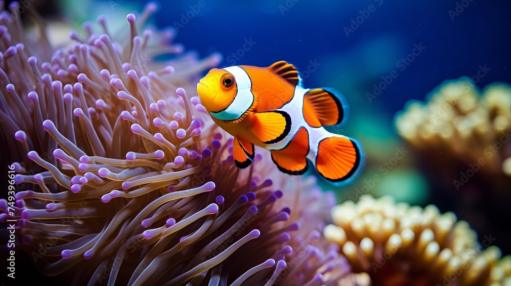 A clown anemonefish in colorful anemone - obrazy, fototapety, plakaty 