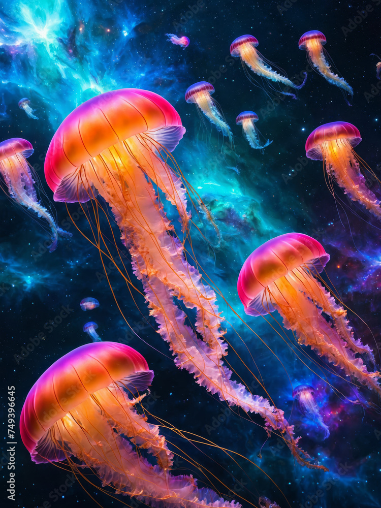 Naklejka premium a group of translucent neon glowing jelly fish floating through space, nebula galaxy, vibrant colours, universe, relaxing, stunning, celestial adventure, interstellar journey
