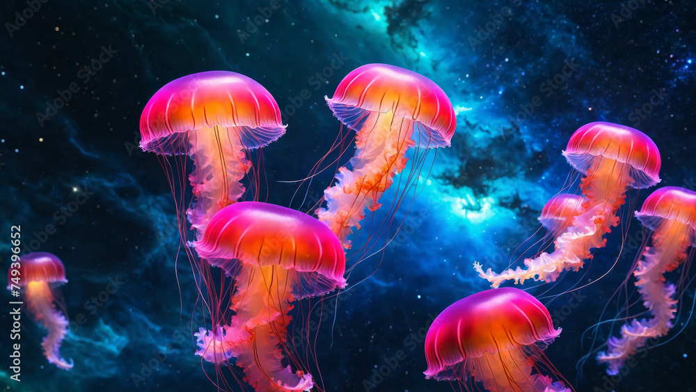 Naklejka premium a group of translucent neon glowing jelly fish floating through space, nebula galaxy, vibrant colours, universe, relaxing, stunning, celestial adventure, interstellar journey