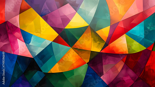 Dynamic abstract geometric artwork with a colorful, angular mosaic pattern.