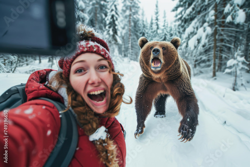 woman tourist take selfie while running out from angry bear in snow forest photo