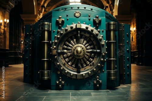 bank vault with armored door, with gold bullion, cells for precious stones photo