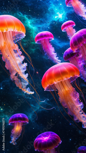 a group of translucent neon glowing jelly fish floating through space, nebula galaxy, vibrant colours, universe, relaxing, stunning, celestial adventure, interstellar journey © aiximagination