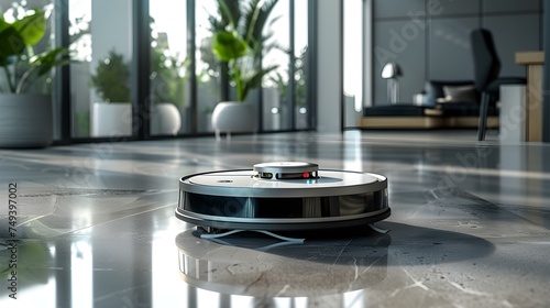 Futuristic robot vacuum cleaning smart home with digital controls and data HUD. Concept Smart Home Automation, Futuristic Technology, Robot Vacuum Cleaner, Digital Controls, Data HUD