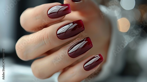 Close up of woman's manicure nails, red nail color, beautiful woman's nails with french manicure, red colored nails, make up and cosmetics, red nail polish photo