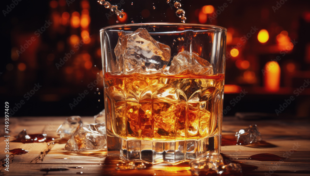 Glass of whiskey on an old wooden table. Alcohol drink, splash, ice cube.. Glass of whiskey on an old wooden table. Alcohol drink, splash, ice cube..