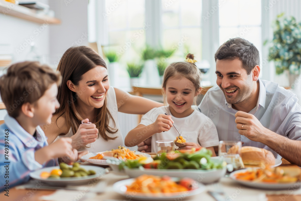 Young happy family having fun while having lunch at home