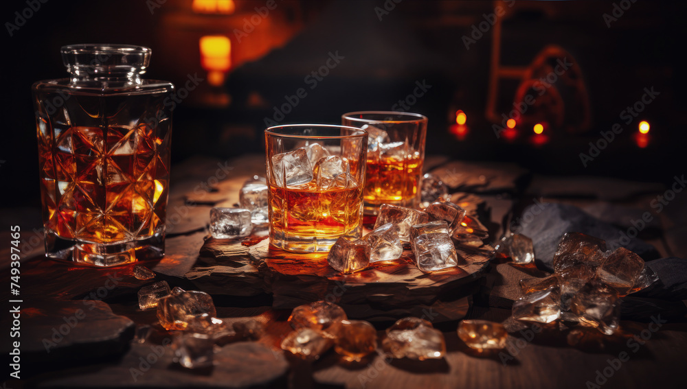 Glass of whiskey on an old wooden table. Alcohol drink, splash, ice cube.. Glass of whiskey on an old wooden table. Alcohol drink, splash, ice cube..