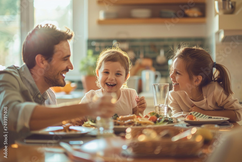 Young happy family having fun while having lunch at home photo
