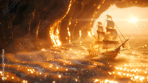 A golden ship sails through a sparkling cave with sparkly gold light and fog. photo