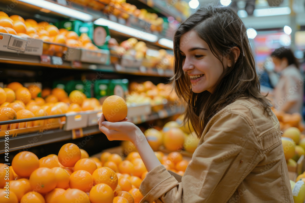 Young happy woman buying oranges at fruit department in grocery shop