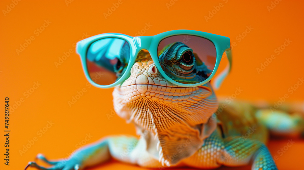 Lizard with Turquoise Sunglasses on Orange Background Lizard with Turquoise Sunglasses on Orange Background