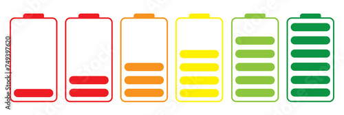 Set of vertical battery level indicators in percentage vector. Battery indicator symbols. 0-100 percent. eps10