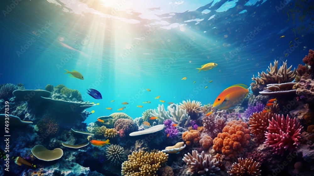 Fototapeta premium Coral Reef and Tropical Fish in Sunlight