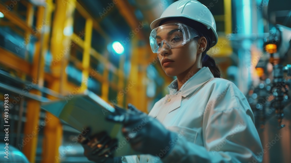 Cropped image of female industrial engineer working with tablet in factory. - obrazy, fototapety, plakaty 
