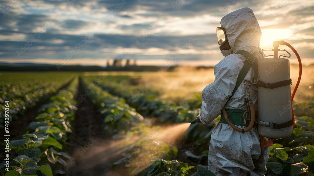 Worker uses sprayer to spray insecticide and fungicide, agriculture. Worker uses sprayer to spray insecticide and fungicide, agriculture.