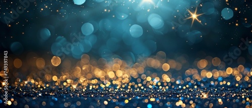 Sparkling stars and glitter on a dark blue background, creating a magical and festive atmosphere.
