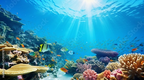 Coral Reef and Tropical Fish in Sunlight photo