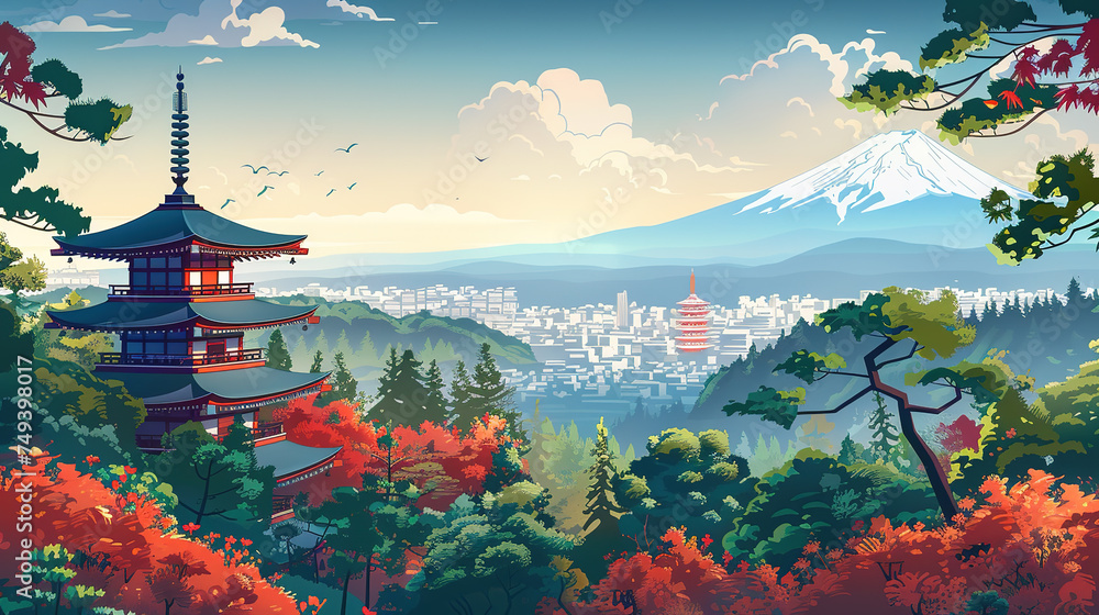 Obraz premium Beautiful scenic view of temple in japan during sunrise in landscape comic style.