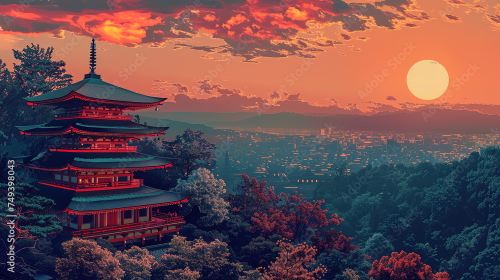 Naklejka premium Beautiful scenic view of temple in japan during sunrise in landscape comic style.