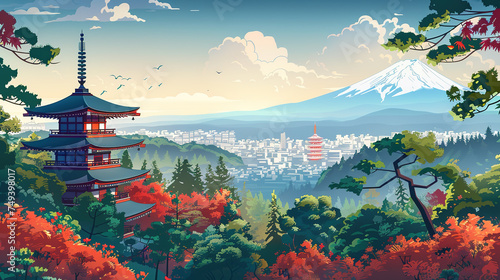 Beautiful scenic view of temple in japan during sunrise in landscape comic style. photo