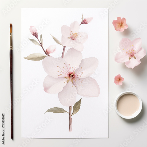 A watercolor sketch of a blossoming sakura branch lies between a watercolor brush and a container of water, as well as fresh cherry flowers