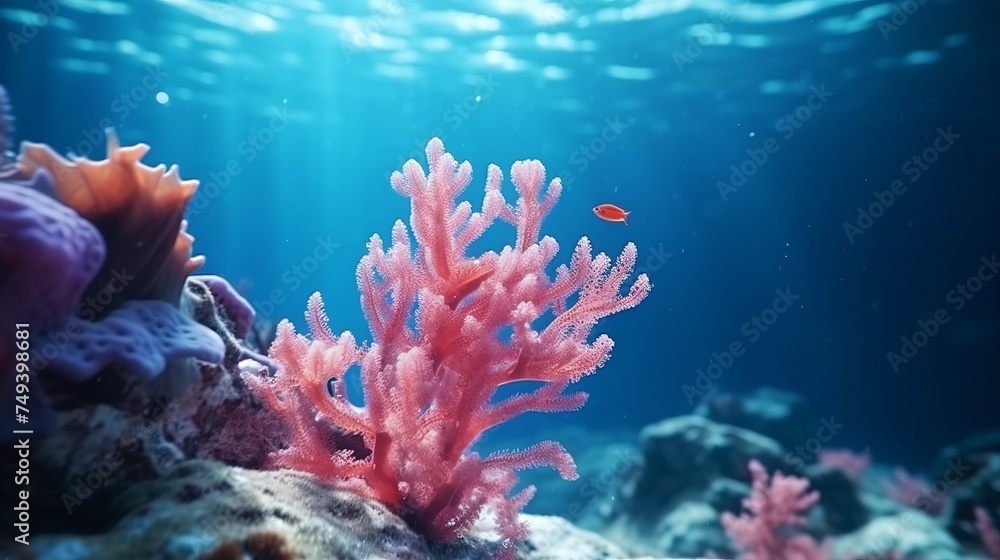 Flower sea living coral and reef color under deep dark water of sea ocean environment