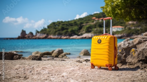 Vibrant modern suitcase with wheels on beach, evoking a sense of travel and adventure © Ksenia Belyaeva