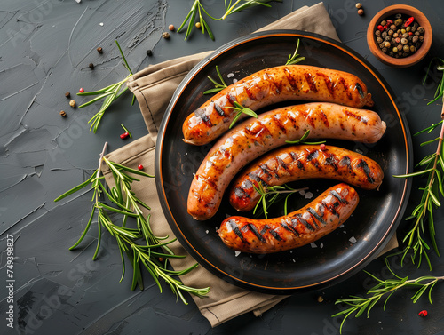 Wallpaper Mural grilled sausage on a plate seen from above, dark granite background table / surface, with copy space and herbs as decoration. BBQ dish  Torontodigital.ca