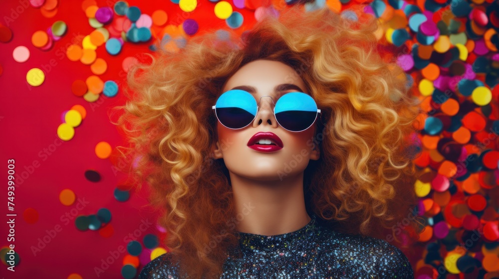 Fototapeta premium Beautiful young blonde woman wearing headphones and on a colorful background.