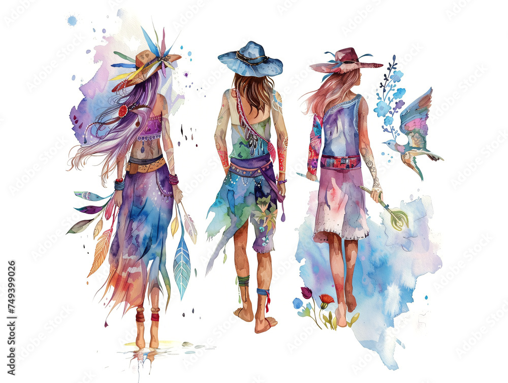Boho people hippies illustration watercolor on white