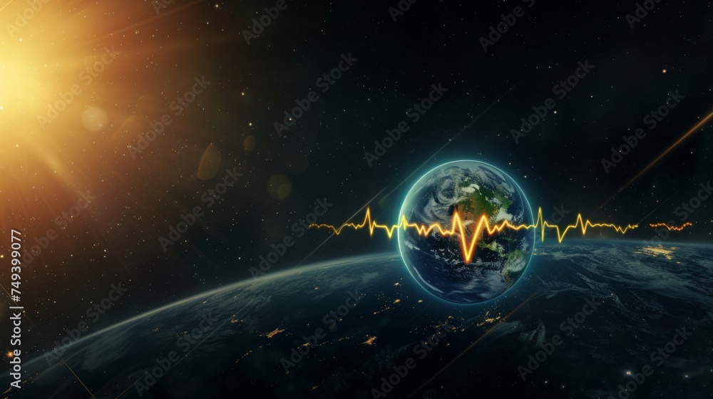 An inspiring image of Earth with a vibrant heartbeat line, symbolizing the planet's robust health and vitality against the backdrop of space. - obrazy, fototapety, plakaty 