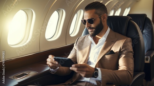 arabian businessman holding credit card using mobile phone, shopping online sitting in airplane. © ORG