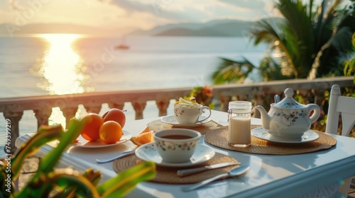Delicious breakfast on the terrace of a luxury hotel or villa overlooking the sea or ocean. © ORG