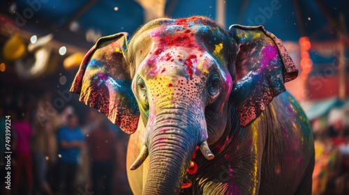 Decorated elephants at the annual Elephant Festival in India covered in Holi colors. Holi Festival. Travel.