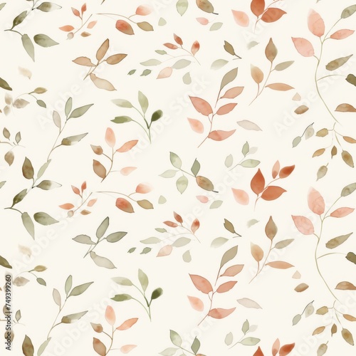 This seamless pattern showcases a dance of leaves in autumnal shades, blending radiant red with soft desert greens, akin to a gentle whisper.