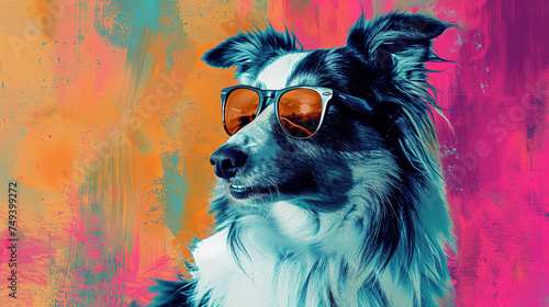 cool looking shetland sheepdog dog wearing sunglasses, mixed grunge colors style illustration.