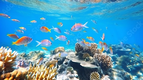 Group of coral fish blue water