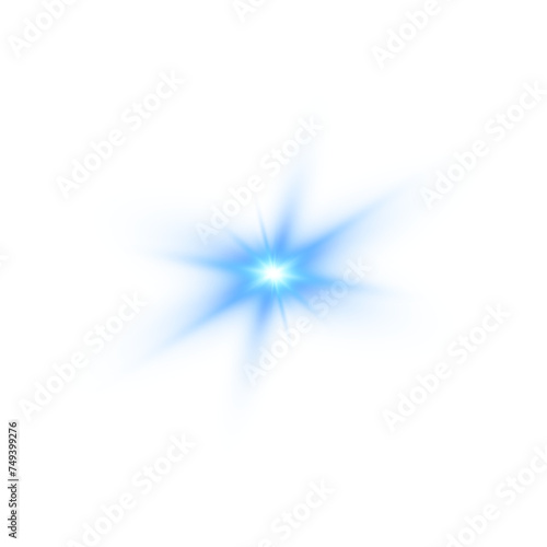 Blue star light flashes and sparkles. Sun light beam and starlight with lens flare effect, glittering comet trail and twinkling glitter light. PNG.