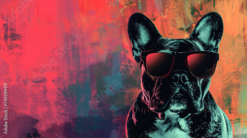 cool looking french bulldog dog wearing sunglasses, vector art, mixed grunge colors style illustration.