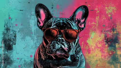cool looking french bulldog dog wearing sunglasses, vector art, mixed grunge colors style illustration. © Tepsarit