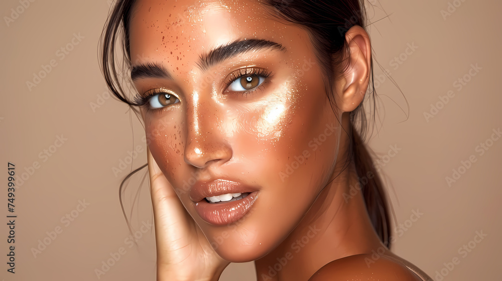 Radiant Woman With Glowing Skin and Freckles in Studio Portrait - obrazy, fototapety, plakaty 