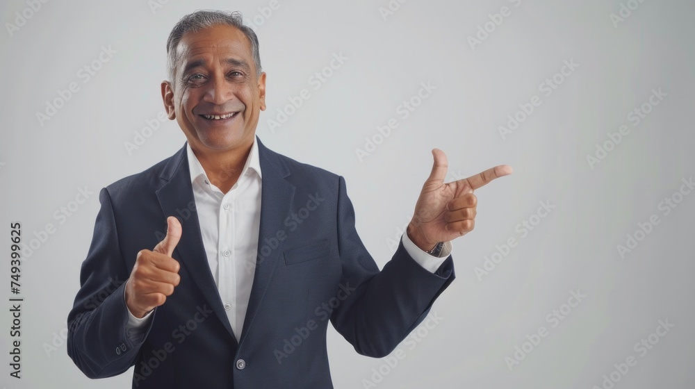 Positive friendly Indian businessman in business suit standing on isolated white background Point your finger to the side. Positive friendly Indian businessman in business suit standing on isolated white background Point your finger to the side.
