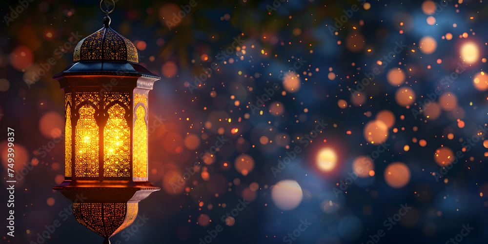 Elegant Islamic New Year Decoration with Praying Beads and Golden Lantern on Dark Background ,Beautiful Ramadan Kareem Greeting Card Design with Islamic Praying Beads and Golden Lantern 