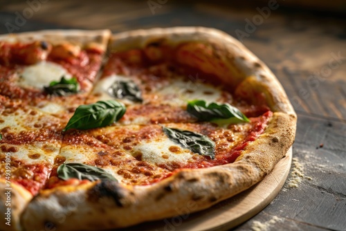 A close-up of a classic Margherita pizza with fresh basil and mozzarella cheese, resting on a rustic wooden table, highlighting the textures and warm tones of Italian comfort food.