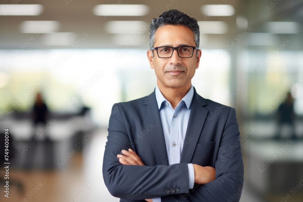 indian confident mature businessman leader looking at camera standing in office at team meeting. Male corporate leader ceo indian confident mature businessman leader looking at camera standing in office at team meeting. Male corporate leader ceo