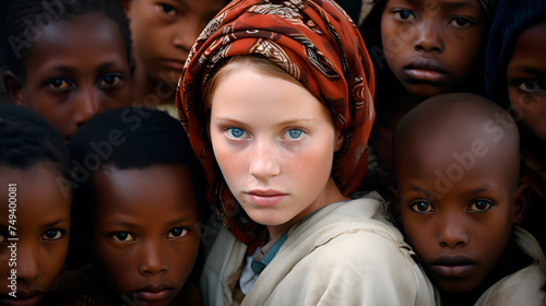 African children with a white woman, looking at the camera