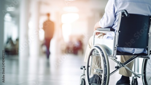 A disabled man in a wheelchair is holding a wheel in a hospital to receive medical treatment. Disabled people. Mobility problems and men.