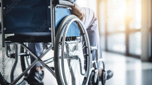 A disabled man in a wheelchair is holding a wheel in a hospital to receive medical treatment. Disabled people. Mobility problems and men.