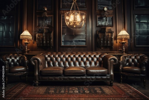 vintage interior with leather sofa  wooden table and ceiling lamp. Black tone